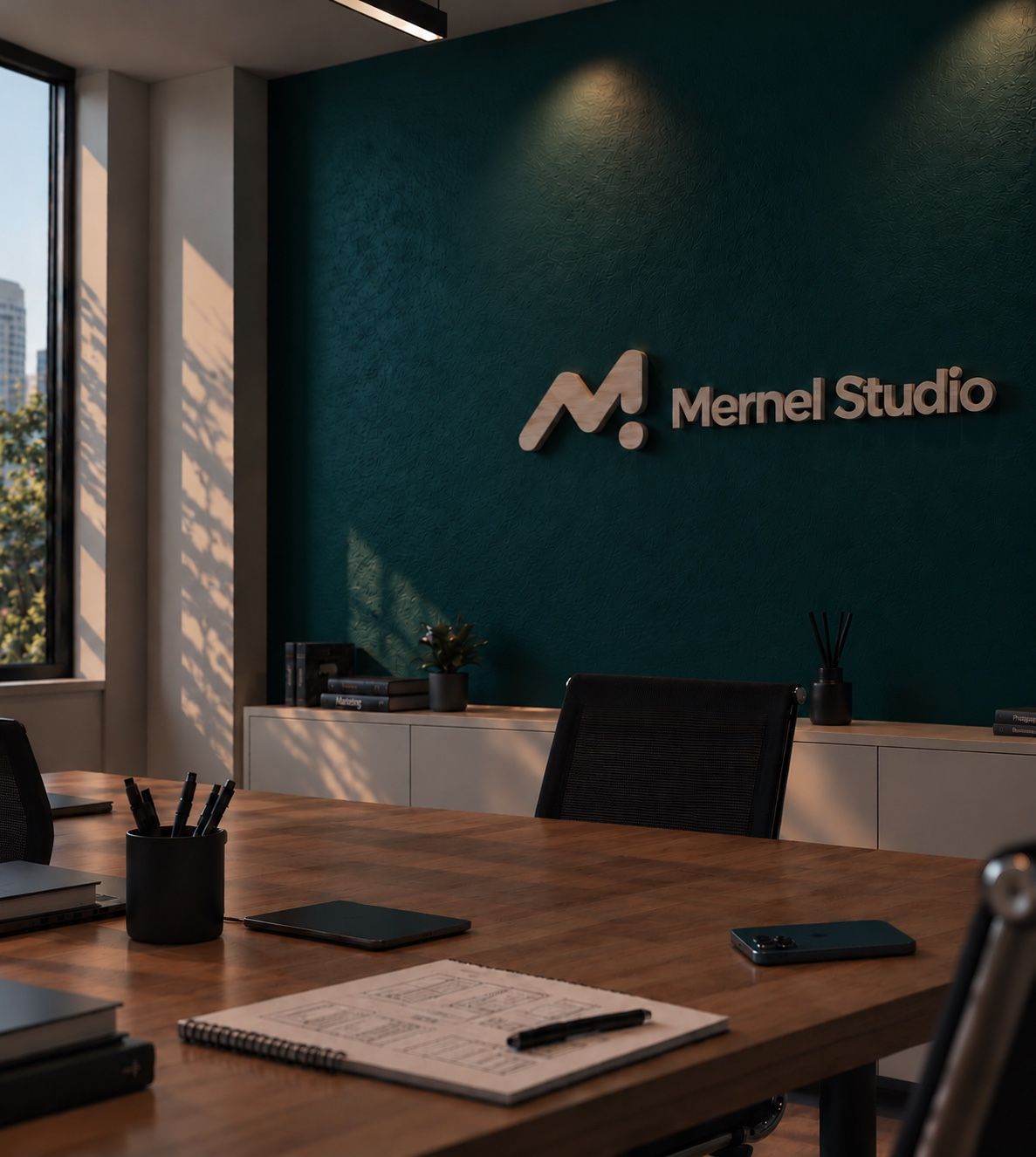 Sala de reuniones de Mernel Studio con el logo en la pared
